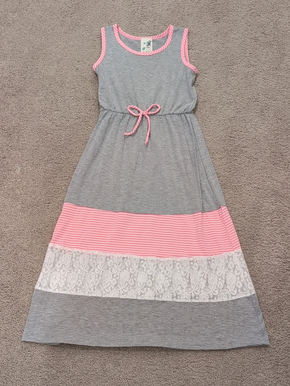 Lily Bleu Grey and Pink Striped Knit Maxi Dress with Lace Panel